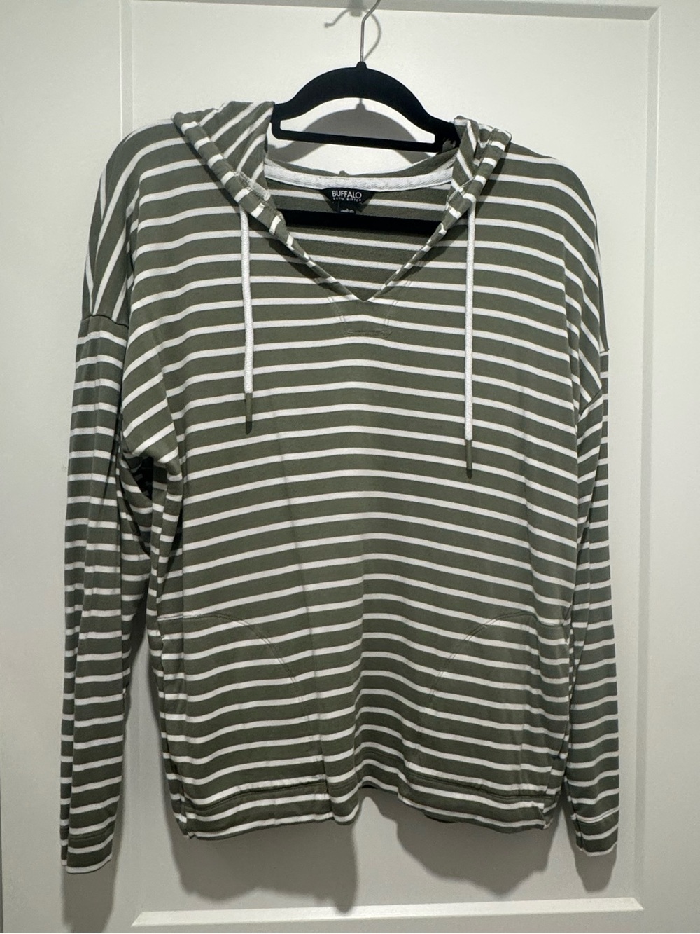 Buffalo David Bitton Ladies Soft Knit Green White Stripe Hoodie Pullover Large